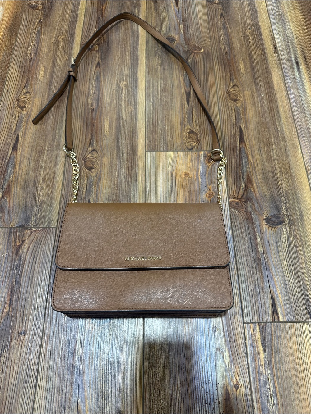 Michael Kors Cognac Saffiano Leather Crossbody Bag with Gold Chain